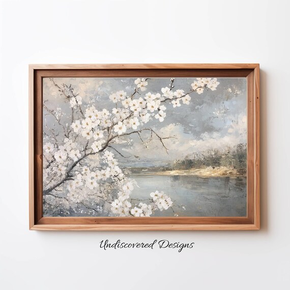 Cherry Blossoms By The Lake Spring Vintage Landscape Art Poster