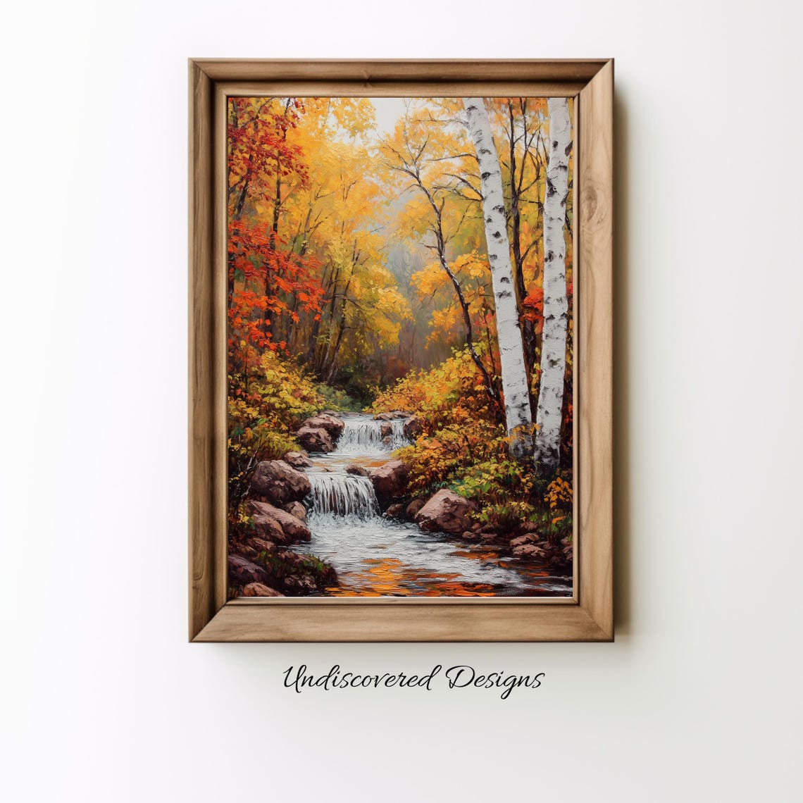 Autumn Birch Forest Waterfall Stream Vintage Painting Poster
