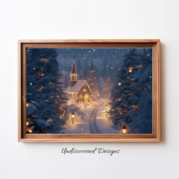 Vintage Christmas Church Night Poster Snowy Village Chapel Scene