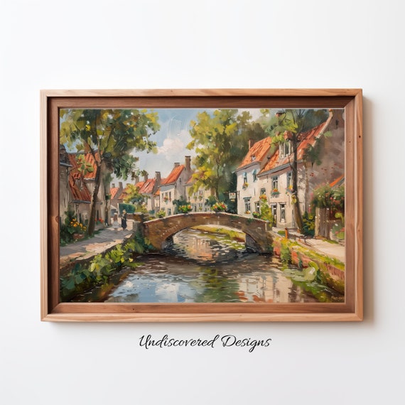 Vintage Bridge Over River Oil Painting Art Print