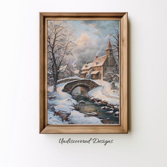 Winter Village Snowy Bridge Vintage Art Print