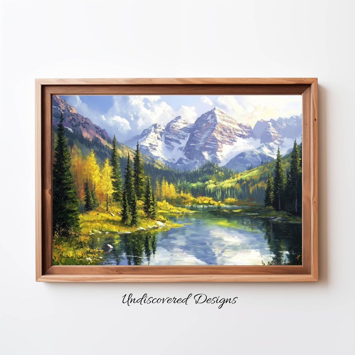 Twin Snow Capped Peaks Alpine Lake Autumn Landscape Art Print