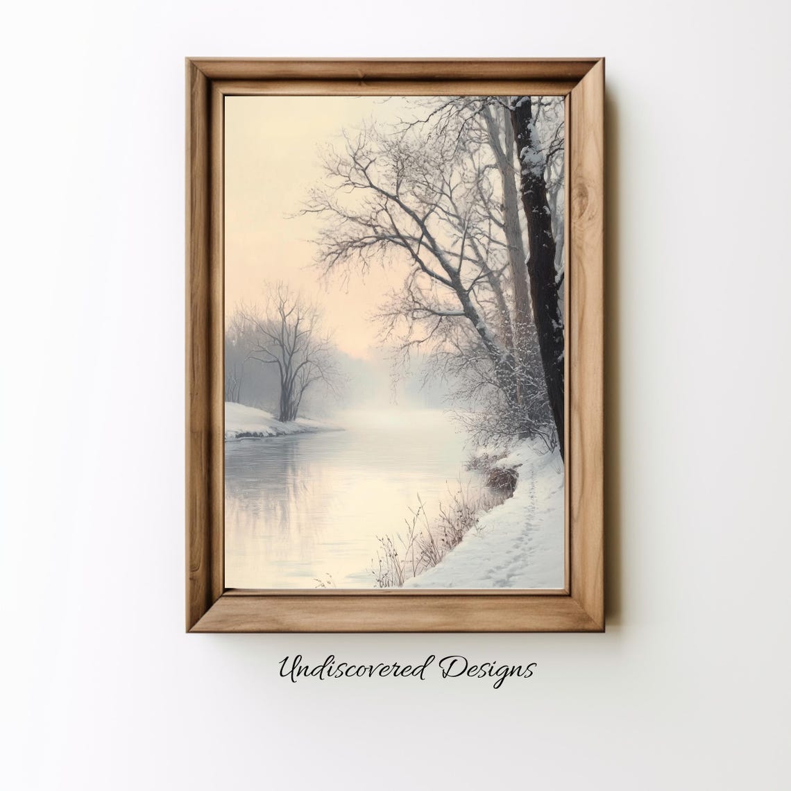 Winter Snow Trees By Frozen River Misty Dawn Landscape Poster