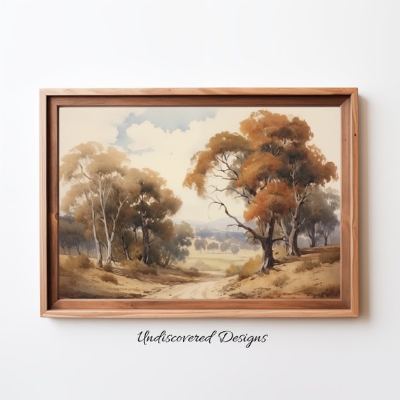 Country Trees Landscape Art Print Rustic Farmhouse Painting