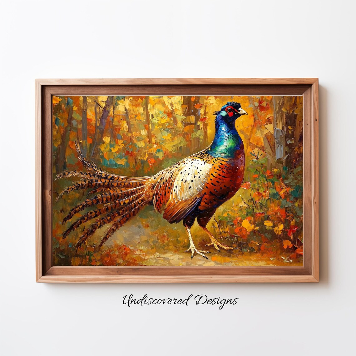 Vibrant Pheasant in Autumn Forest Vintage Wildlife Oil Art Poster