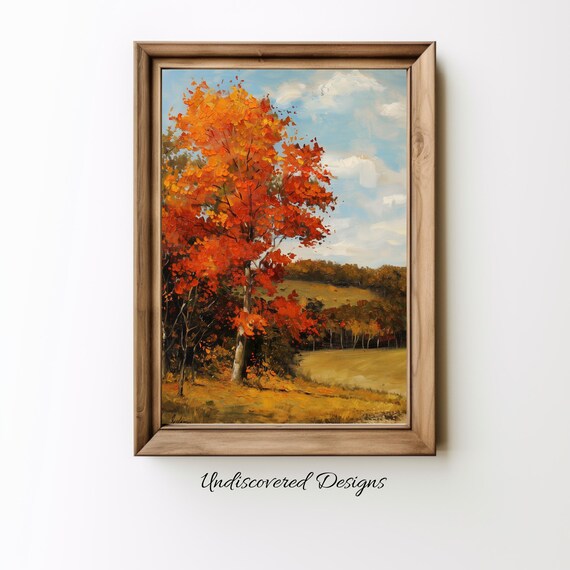 Fiery Orange Autumn Tree Vintage Oil Painting Landscape Poster