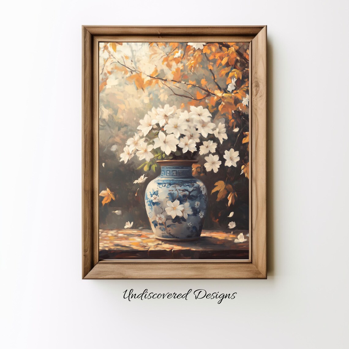 White Flowers Blue Porcelain Vase Autumn Still Life Painting Poster