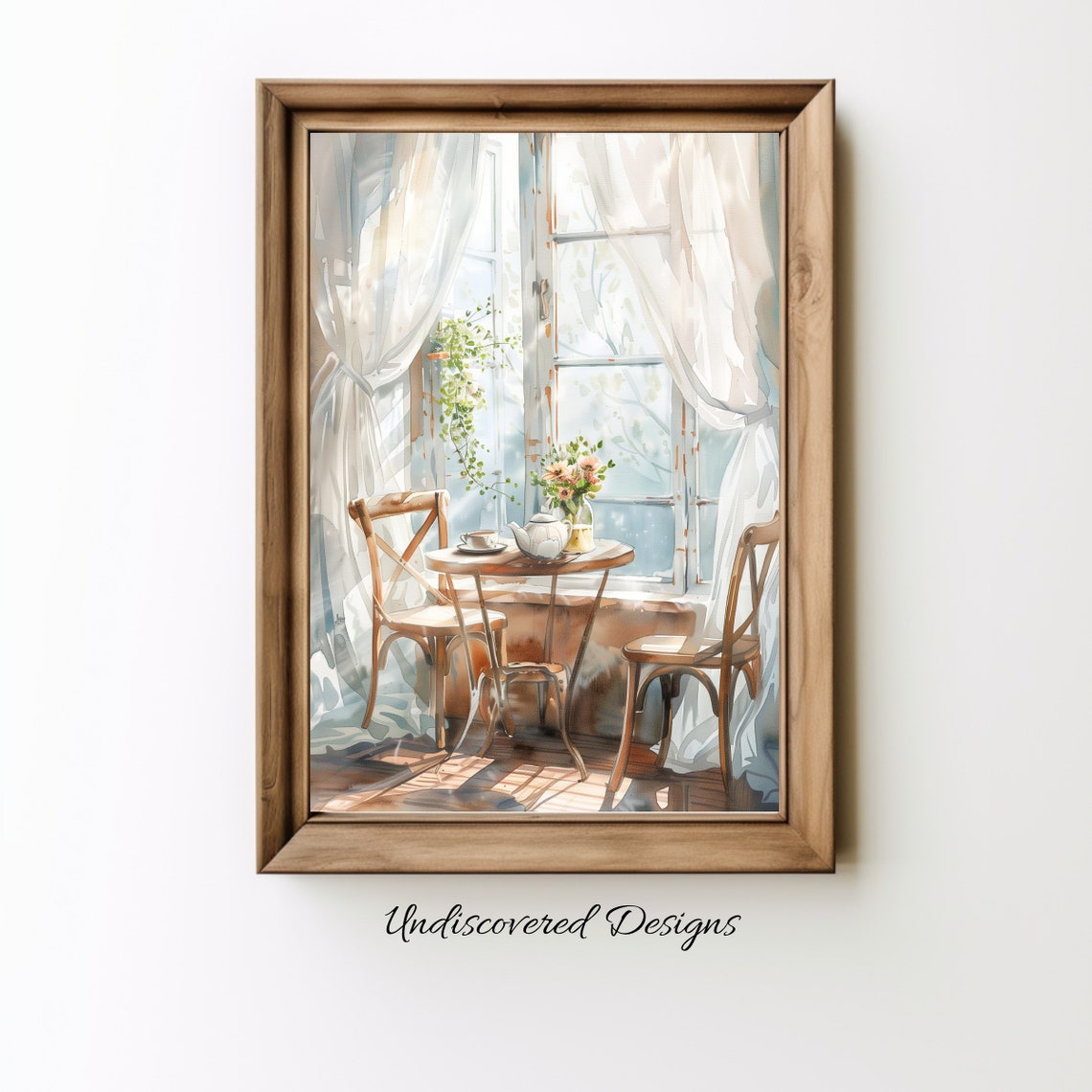 Sunlit Summer Sunroom with Tea Table by the Window Watercolor Poster