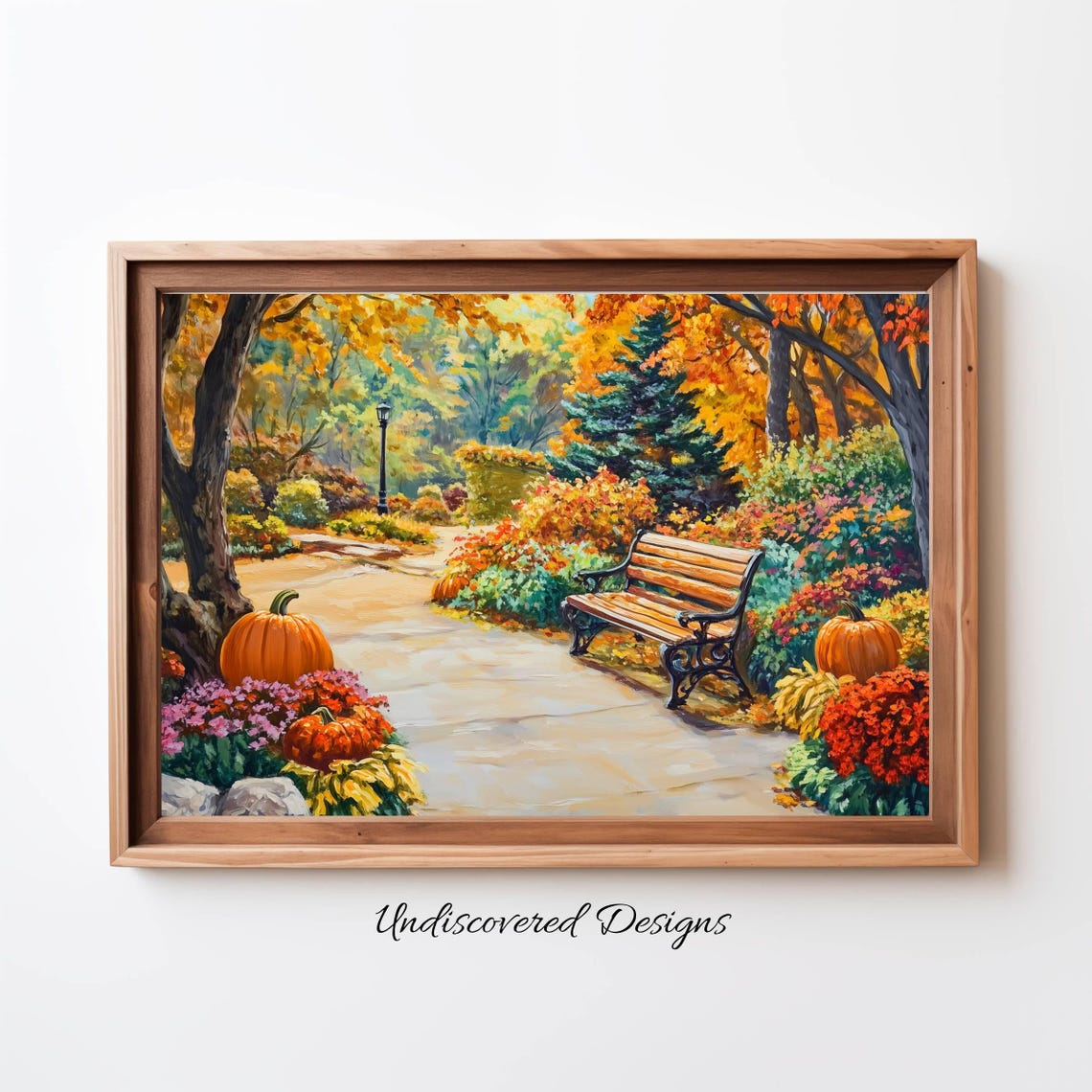 Autumn Park Path Pumpkins Bench Fall Landscape Vintage Art Print