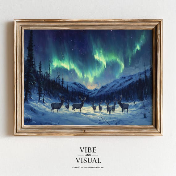 Moody Deer Herd In Snowy Meadow Northern Lights Art Atmospheric Wildlife Landscape Rustic Winter Decor 117
