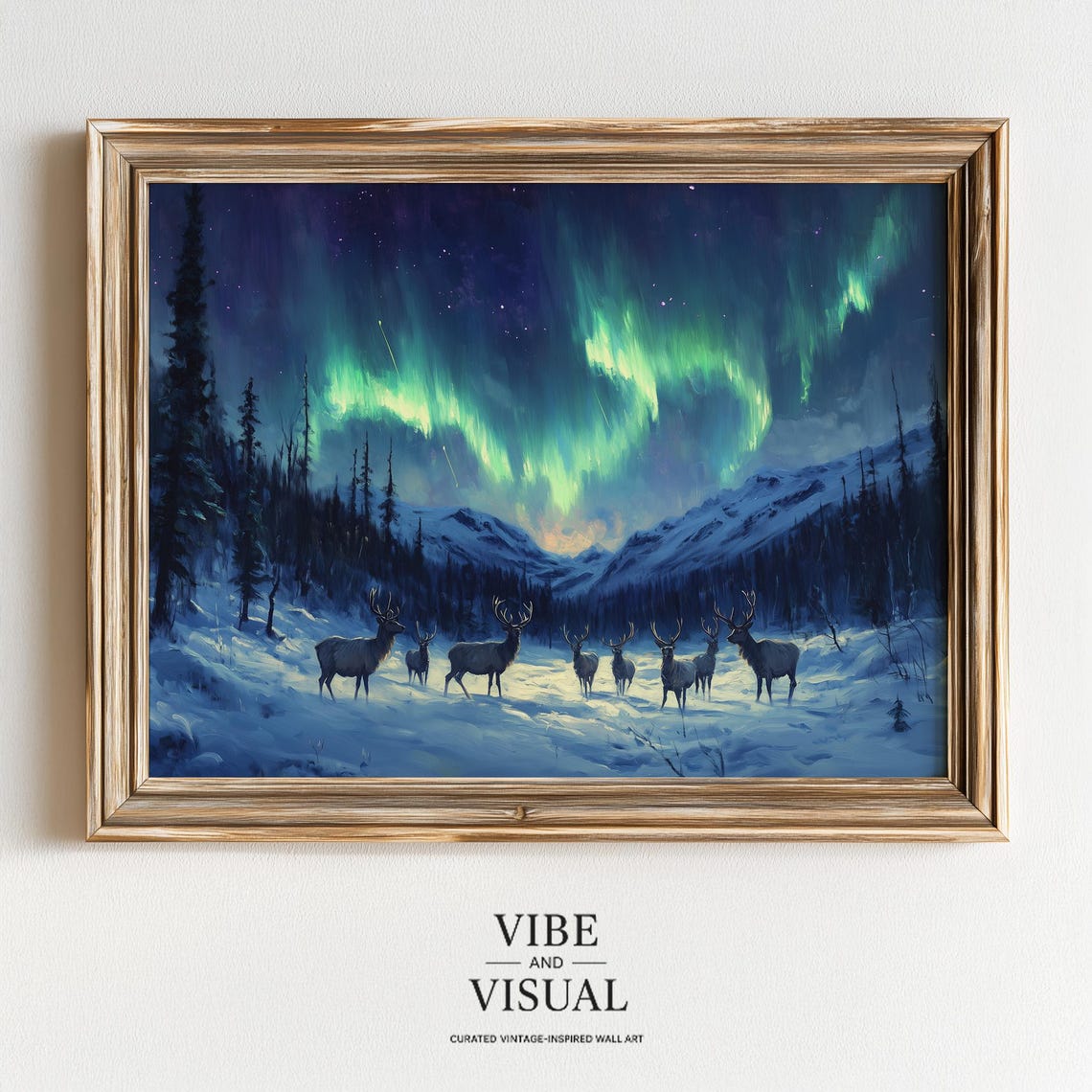 Deer Herd Under Northern Lights Snowy Meadow Aurora Winter Poster