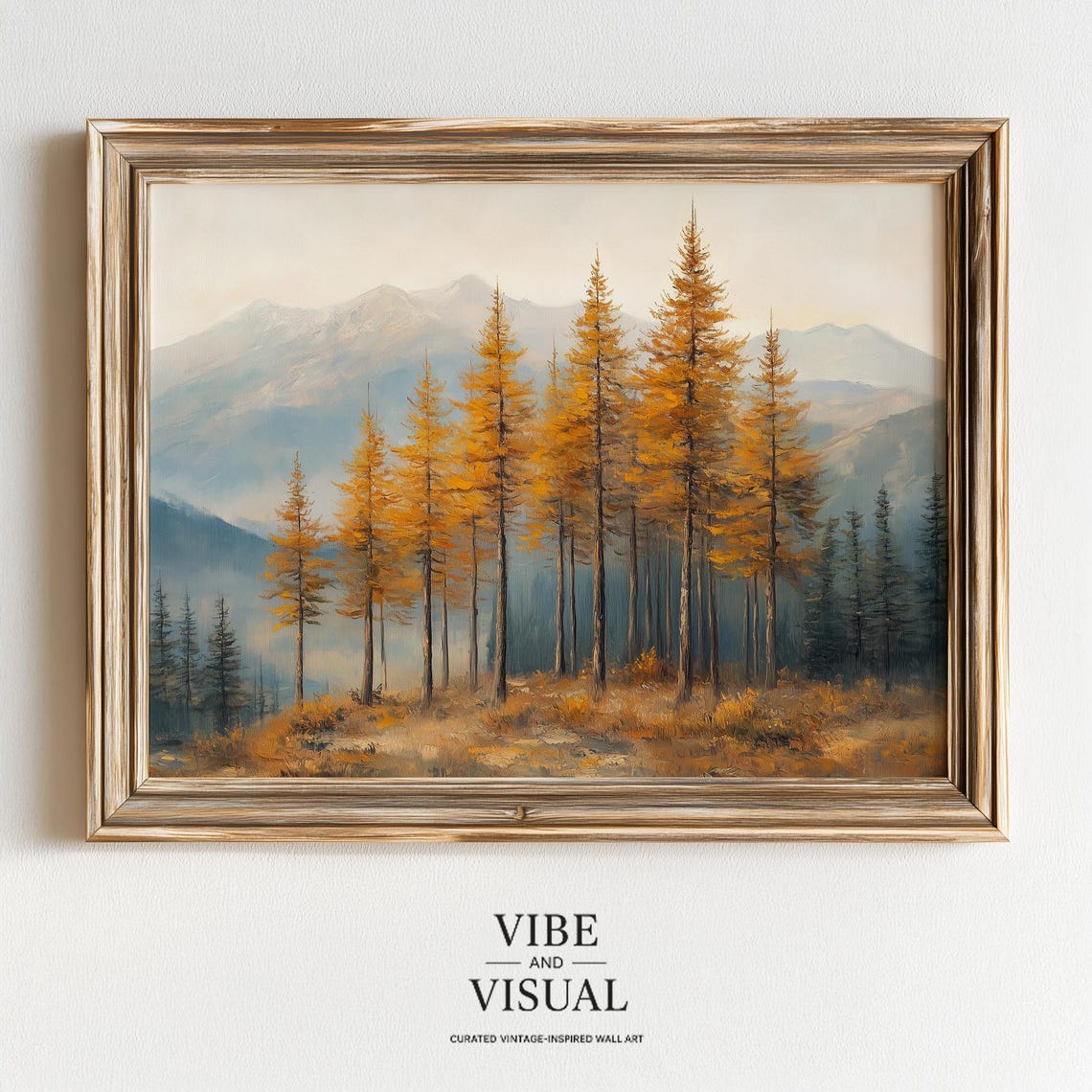 Golden Autumn Larch Trees Mountain Valley Fall Landscape Painting Poster