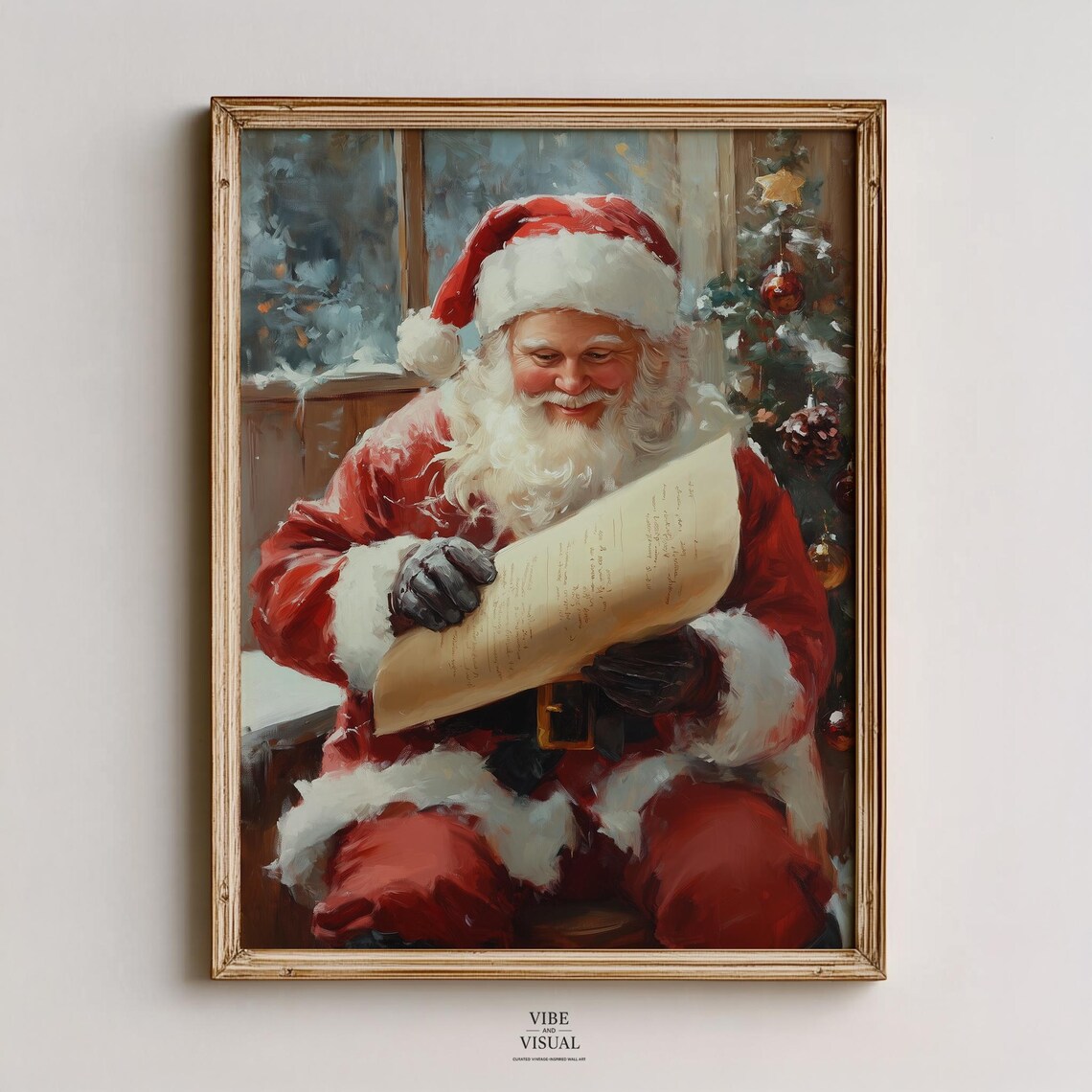 Santa Claus Checking His List Vintage Cozy Christmas Art Poster Painting