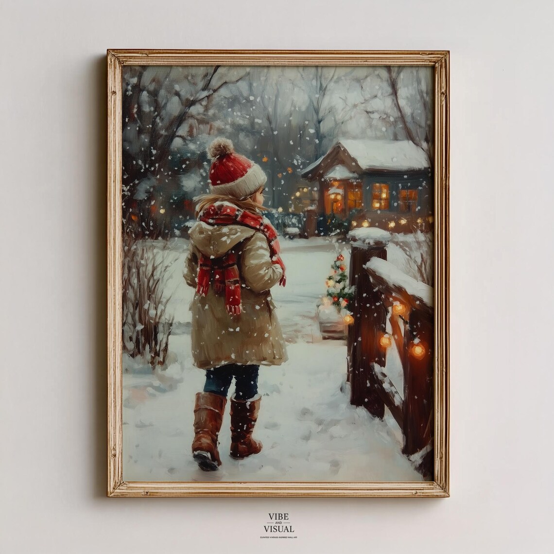 Child In Red Pompom Hat Walking Snowy Winter Path Vintage Painting Poster