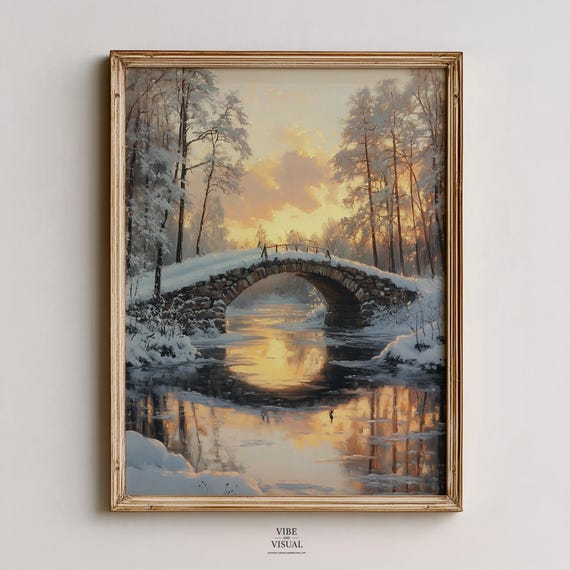 Winter Bridge Wall Art Snowcovered Stone Arch In Serene Landscape Cozy Vintage Decor Moody Seasonal 175