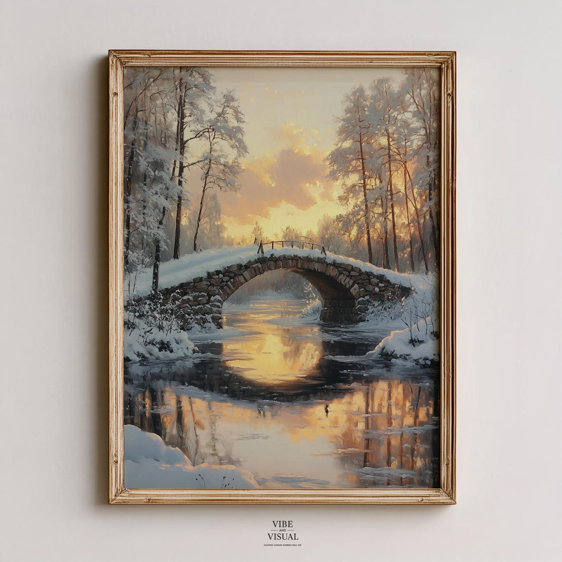 Stone Bridge Over Winter River at Sunset Snowy Landscape Wall Art