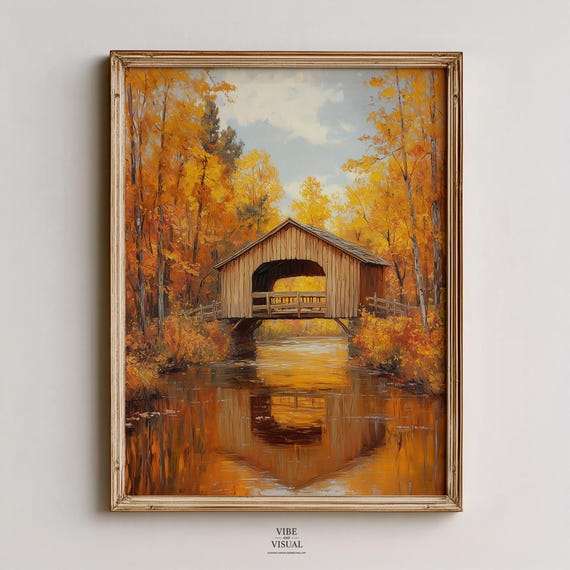 Rustic Covered Bridge Autumn Golden Foliage River Reflection Poster