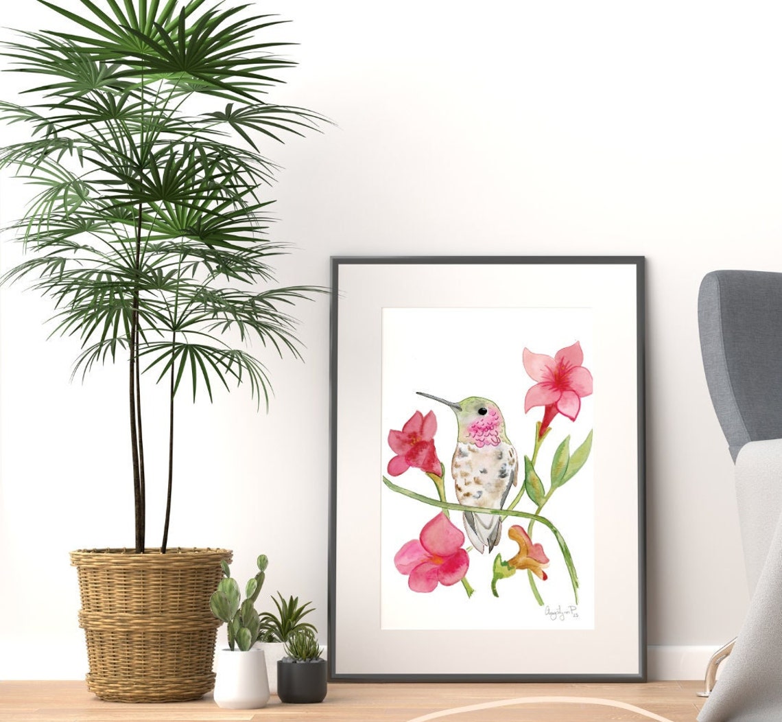 Hummingbird Perched on Branch Watercolor Pink Flowers Bird Poster