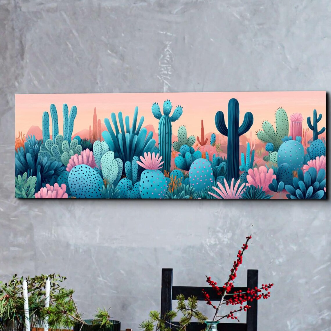 Teal Cactus Garden Pink Sunset Southwest Desert Landscape Poster