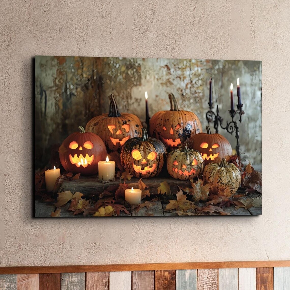 Glowing Jack O Lantern Pumpkins With Candles Among Autumn Leaves Poster