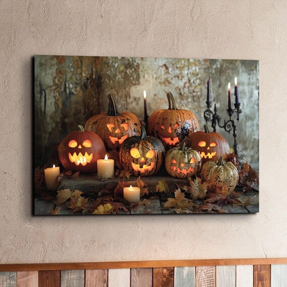 Glowing Jack O Lantern Pumpkins With Candles Among Autumn Leaves Poster
