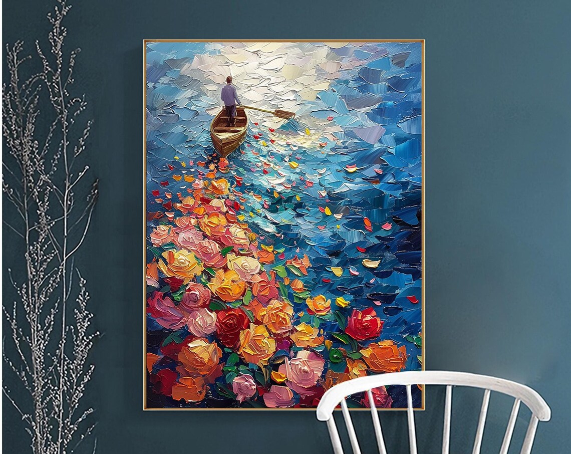 Boatman Rowing Through Blooming Roses Blue Ocean Oil Painting Poster - Image 4