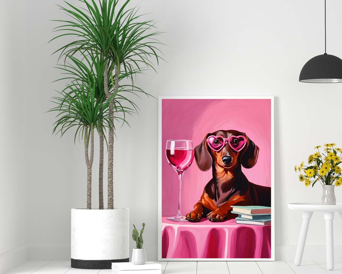 Dachshund Heart Sunglasses Wine Glass Books Pink Fun Wall Poster - Image 2