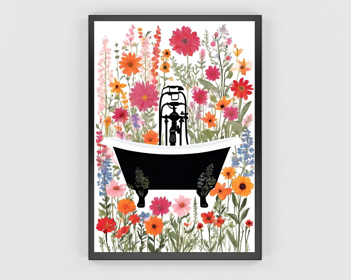 Black Bathtub Wildflowers Floral Bathroom Black White Art Poster - Image 3