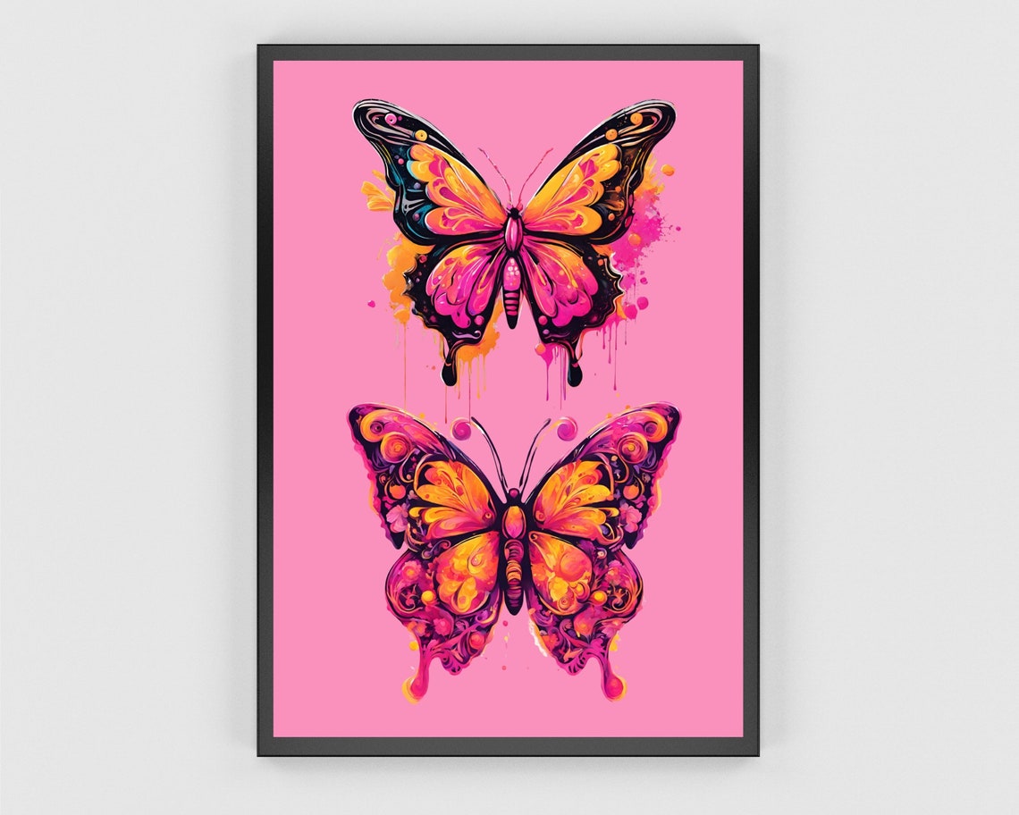 Neon Butterfly Graffiti Art Pink Orange Drip Pop Insect Wall Print - Image 3