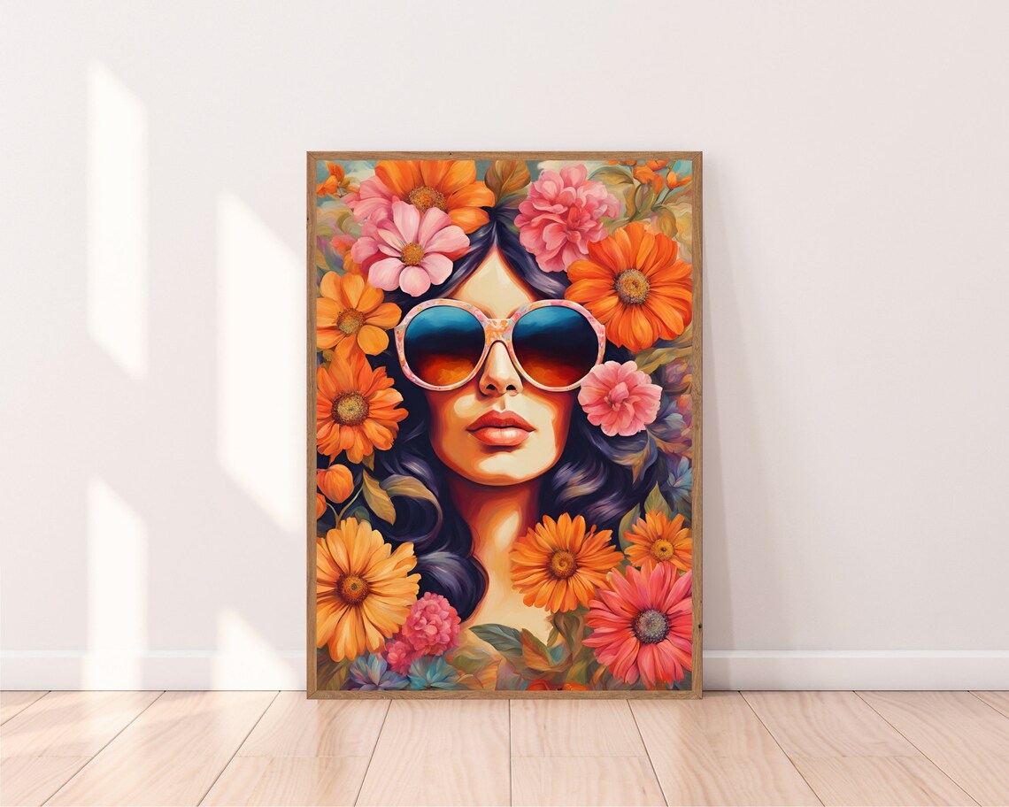 Flower Child Woman With Round Retro Sunglasses Floral Poster - Image 2
