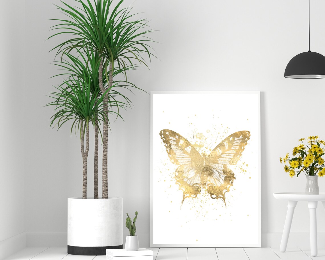 Gold Butterfly Watercolor Splatter Elegant Golden Insect Art Poster - Image 3