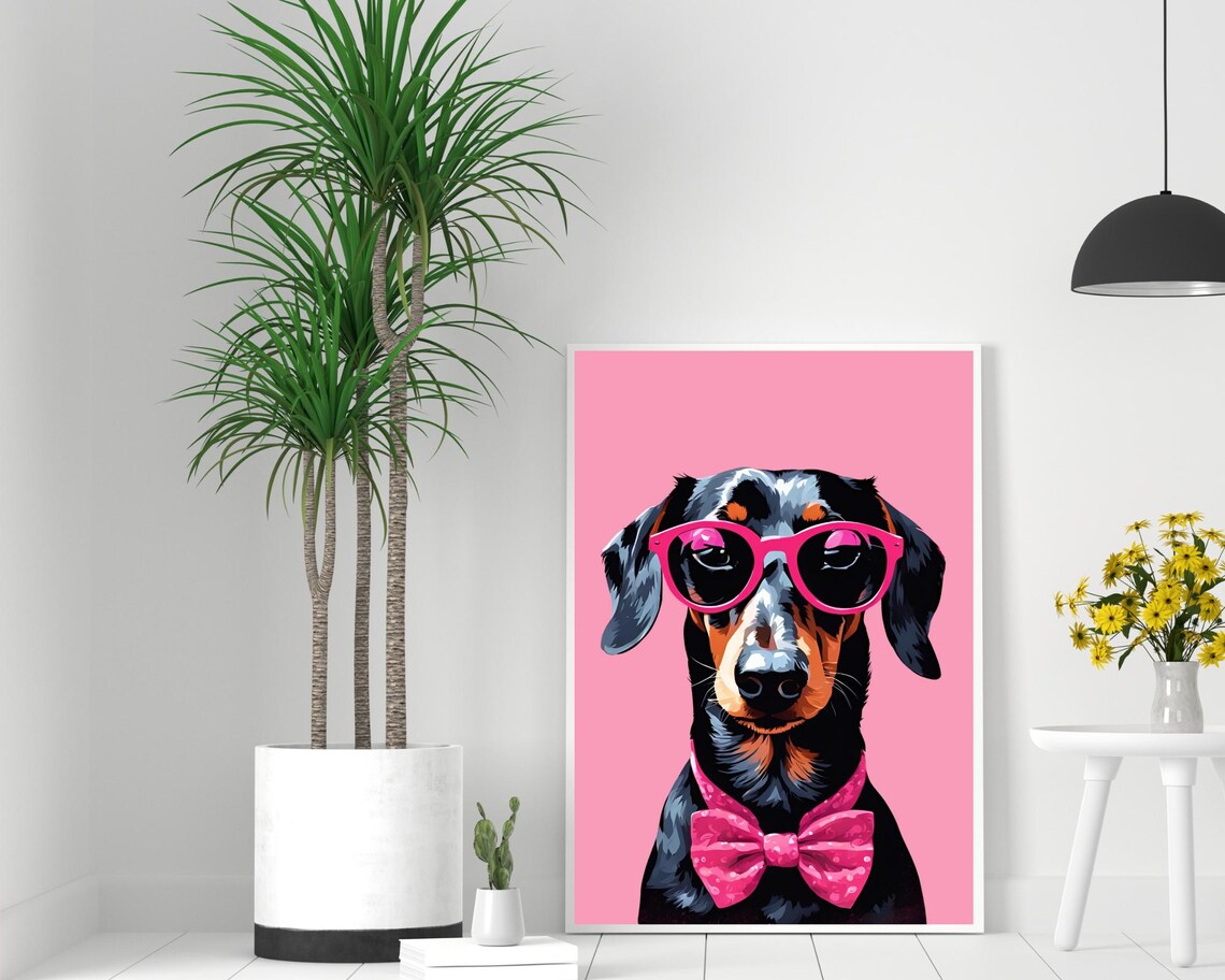 Dachshund Pink Sunglasses Polka Dot Bow Tie Pop Art Wall Poster - Image 2