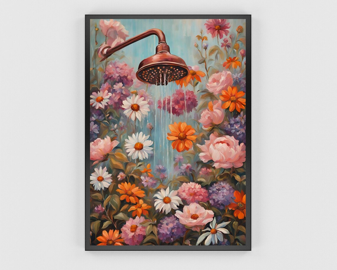 Vintage Copper Showerhead Watering Wildflowers Bathroom Poster - Image 3