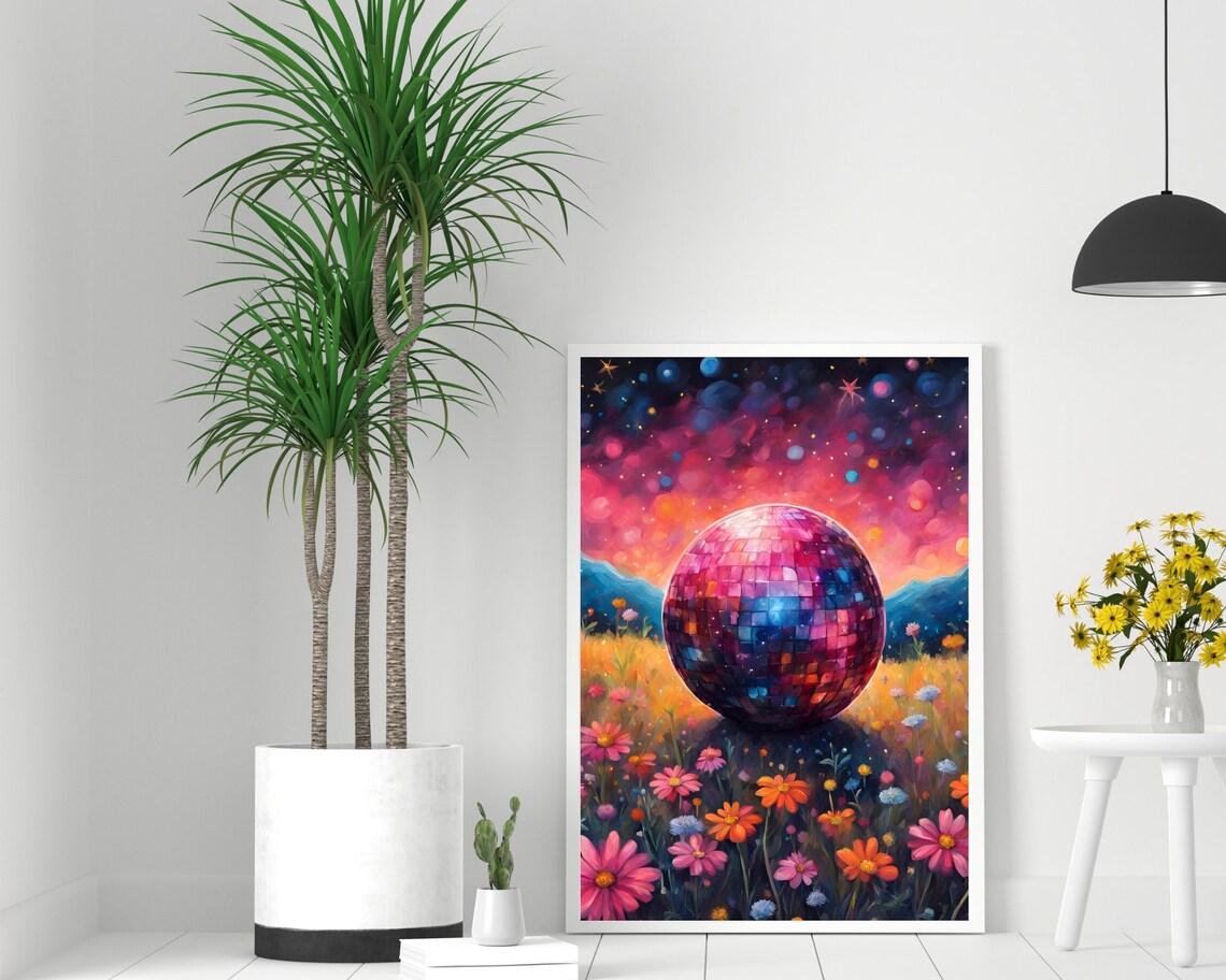 Disco Ball Flower Field Art Starry Night Groovy Mirror Print - Image 3