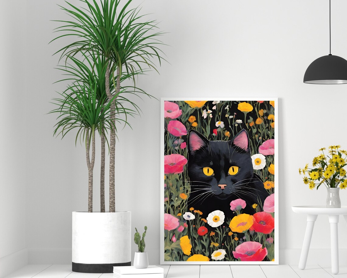 Black Cat Wildflower Garden Art Golden Eyes Floral Feline Print - Image 2