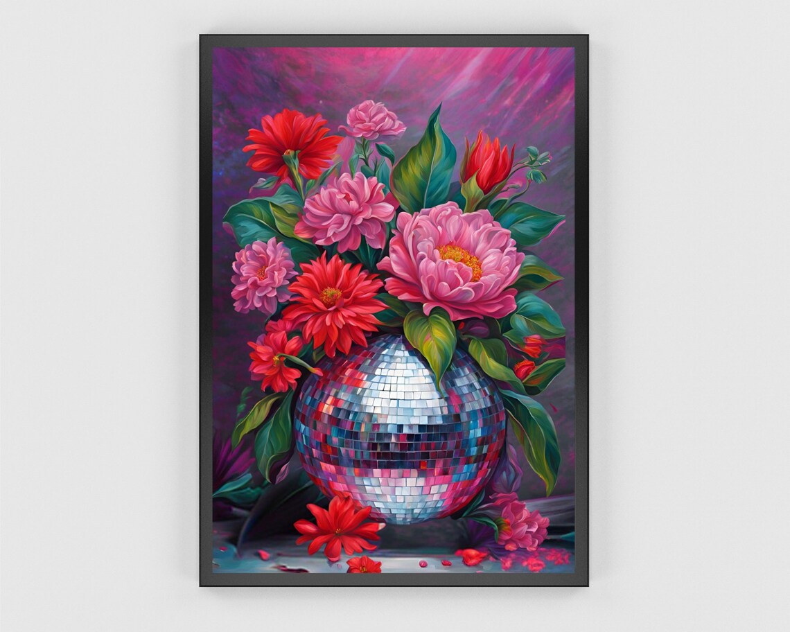 Red And Pink Flowers Arranged Around Mirrored Disco Ball Poster - Image 3