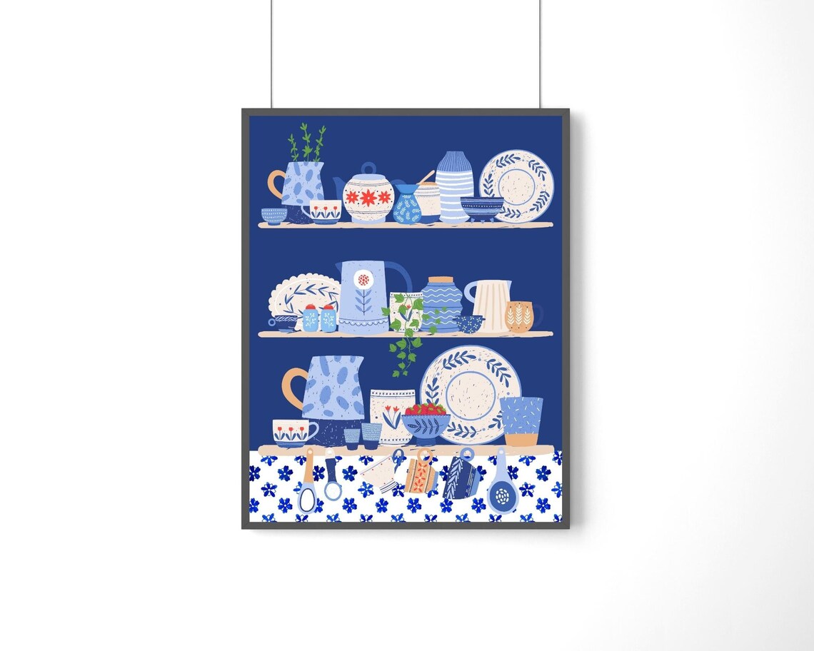 Kitchen Collection Art Print, Blue Crockery Shelfie - Image 3