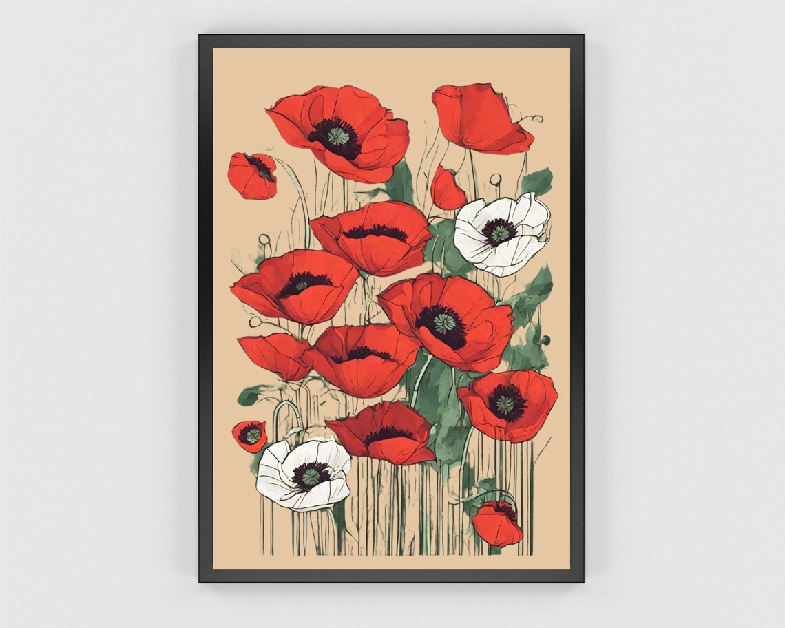 Red White Poppies Beige Background Watercolor Botanical Flower Poster - Image 3