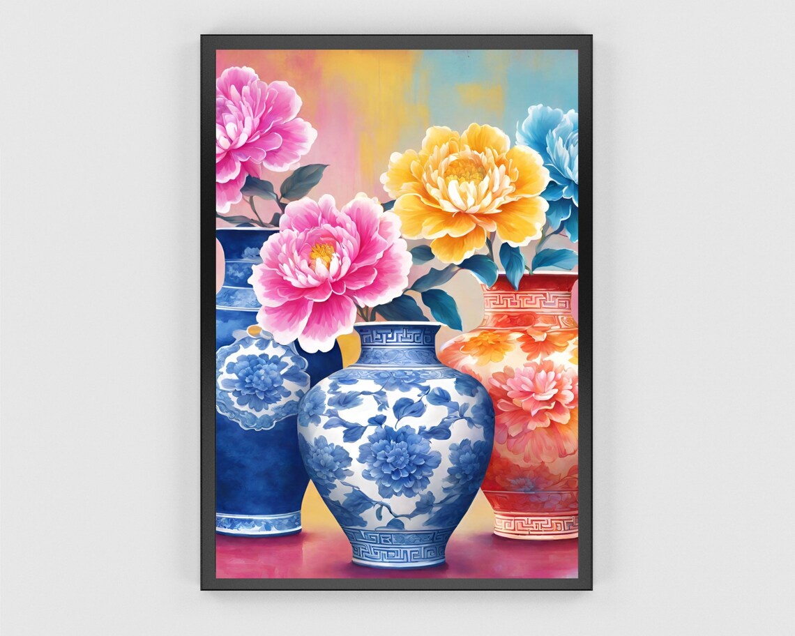 Chinoiserie Vase Trio Peony Art Blue White Porcelain Floral Print - Image 3