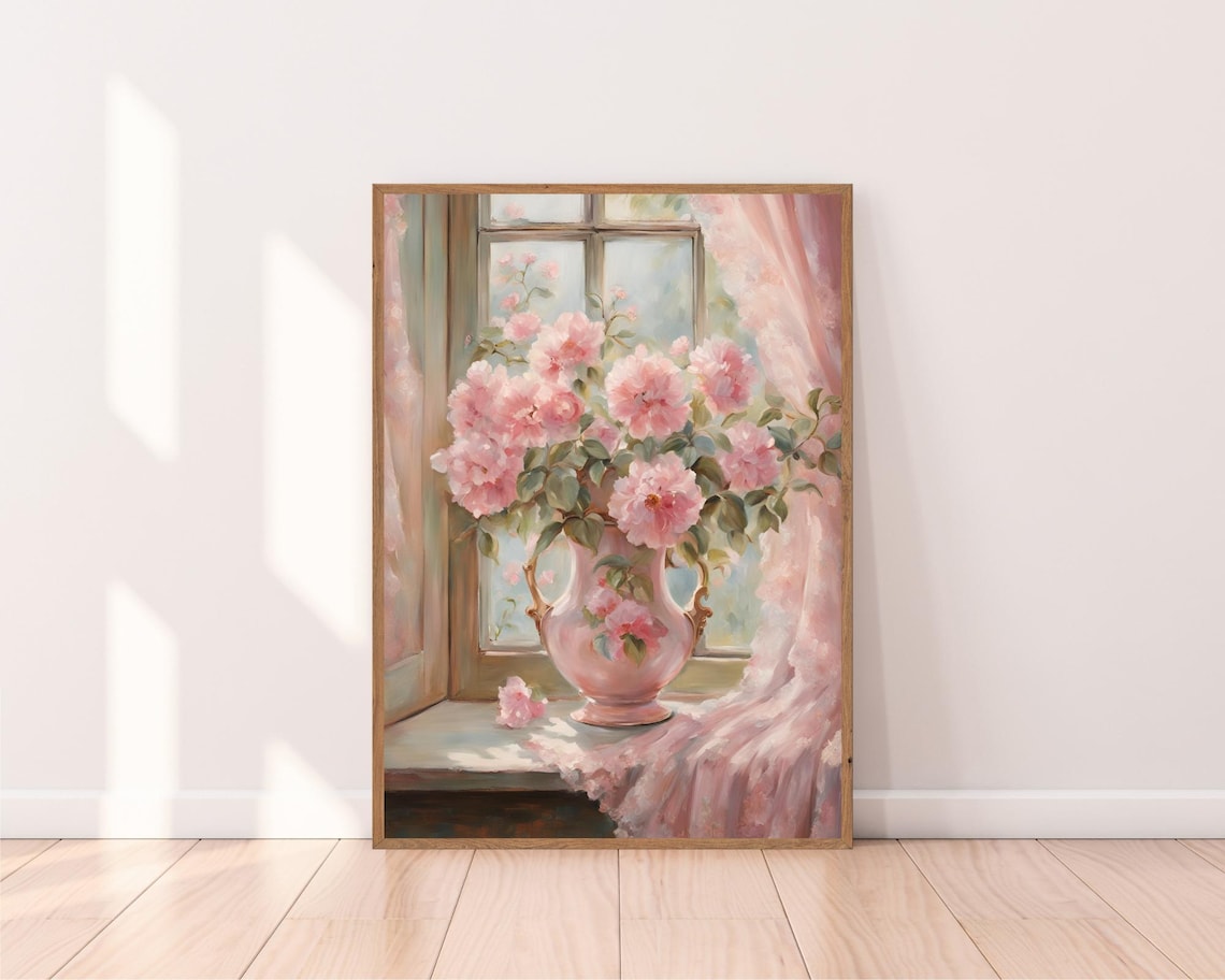 Pink Roses in a Vase by the Window Vintage Painting Decor Poster - Image 2