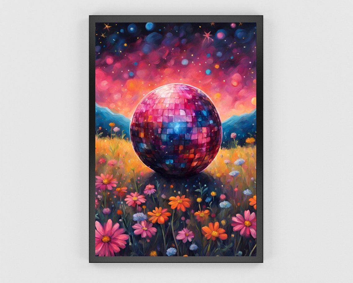 Disco Ball Flower Field Art Starry Night Groovy Mirror Print - Image 2