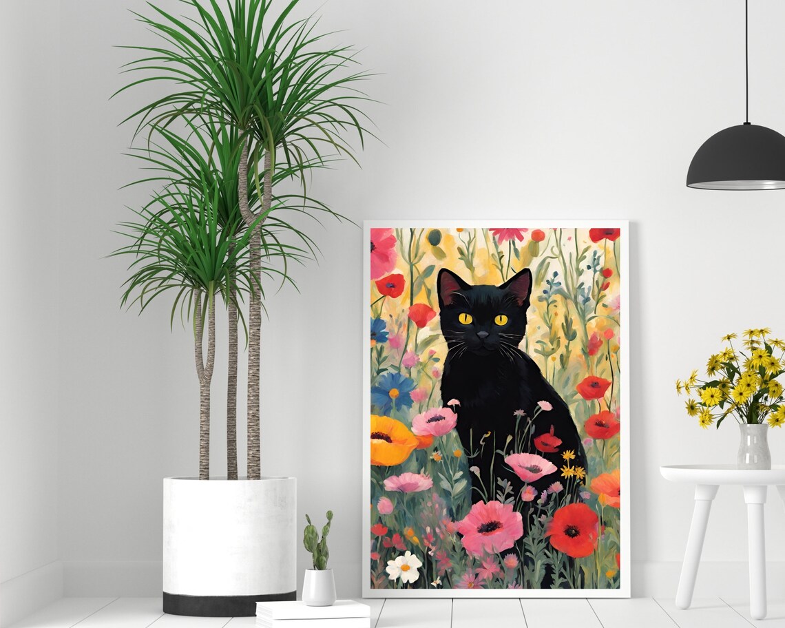 Black Cat Poppy Field Art Spring Wildflower Garden Cat Print - Image 2