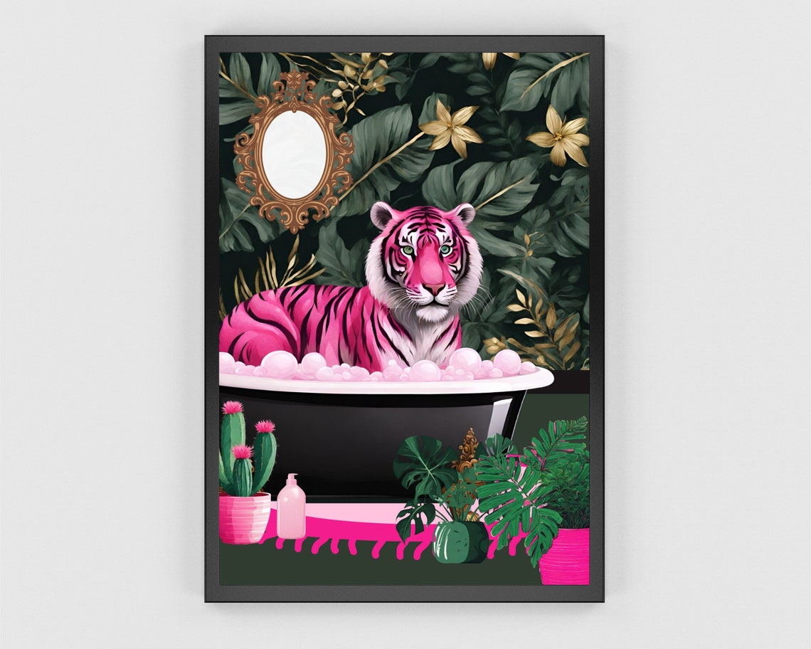 Pink Tiger Bathtub Art Bold Jungle Bathroom Bubble Bath Print - Image 3