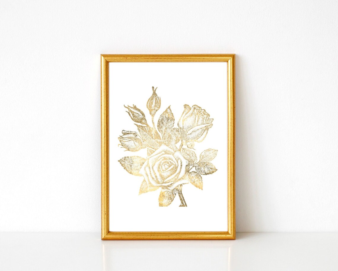Rose Flower Botanical Gold Wall Decor Art Print - Image 3