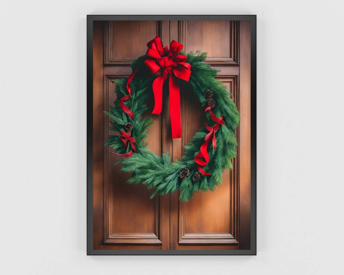 Evergreen Wreath with Red Bow on a Wooden Door Holiday Poster - Image 3