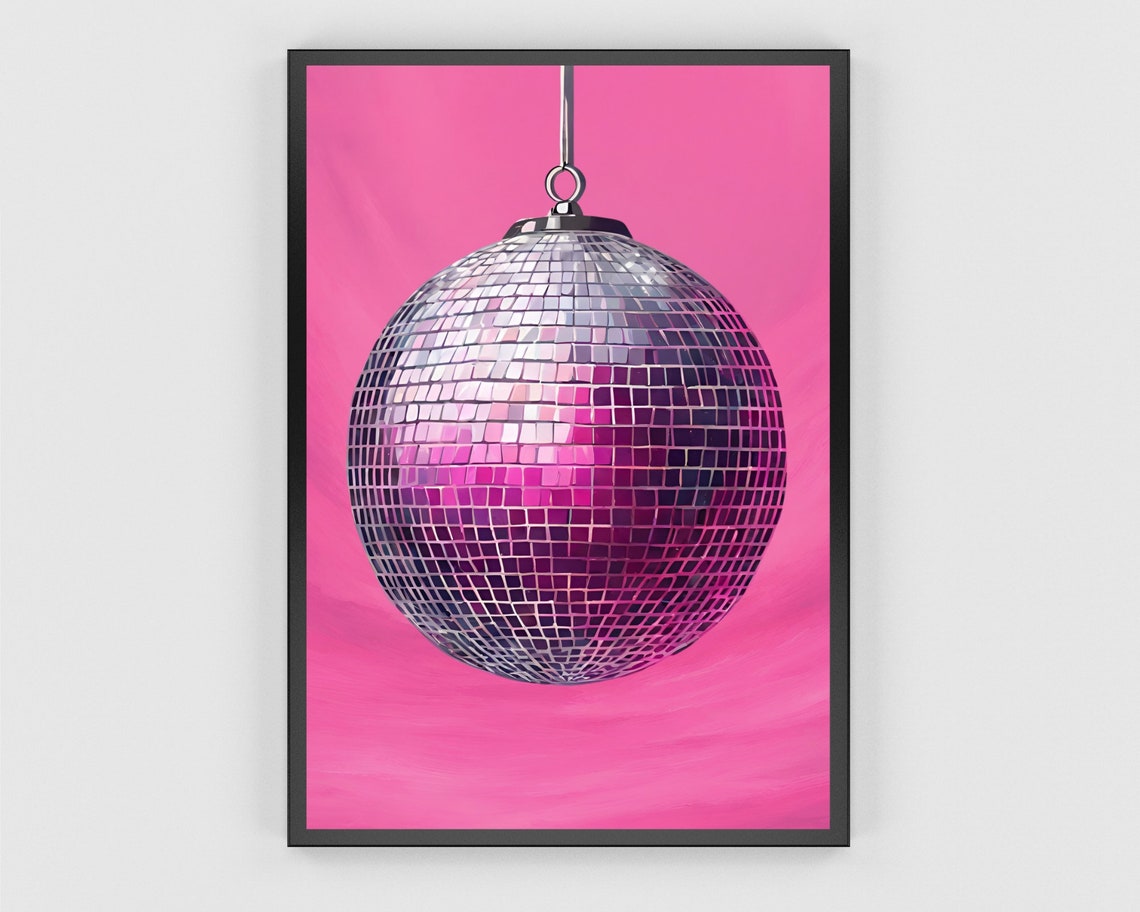 Hanging Disco Ball Art Pink Retro Sparkle Mirror Ball Wall Print - Image 3