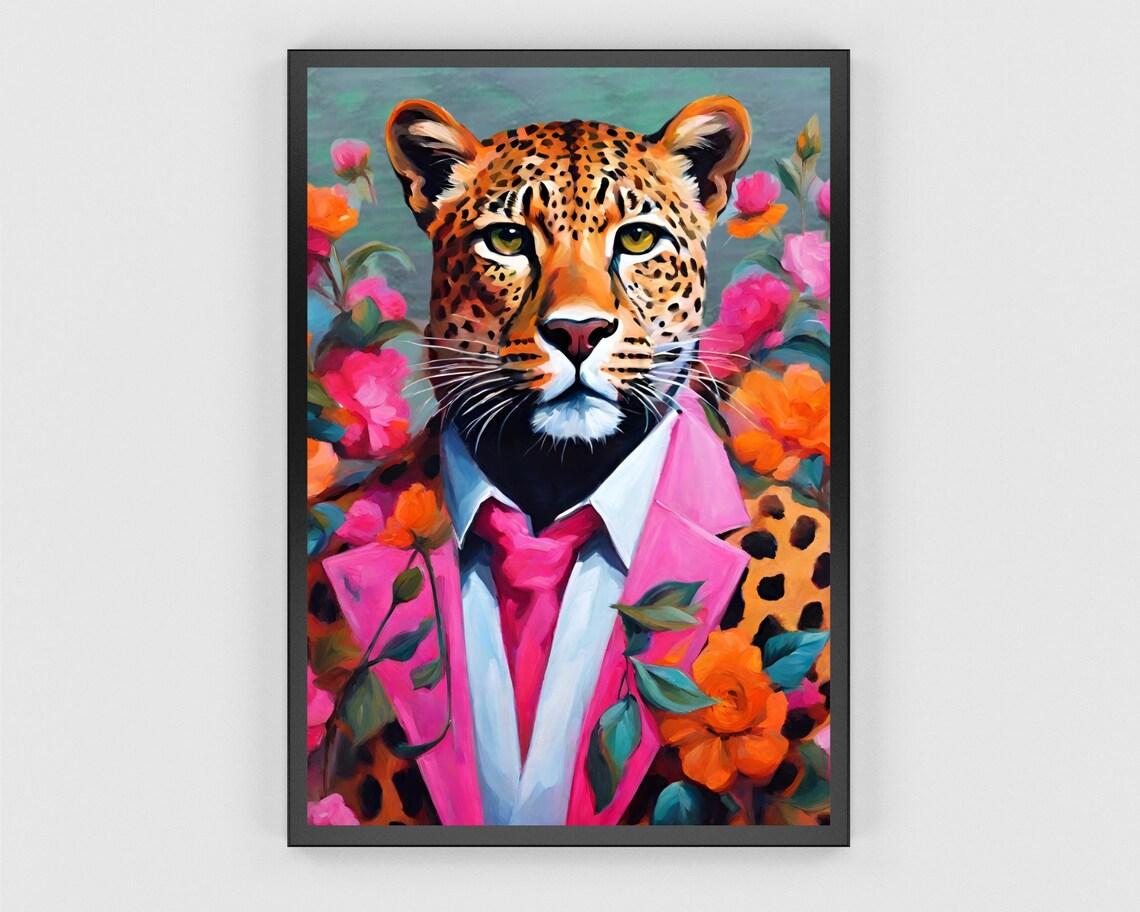 Botanical Leopard Art Print, Funky Animal Portrait - Image 3
