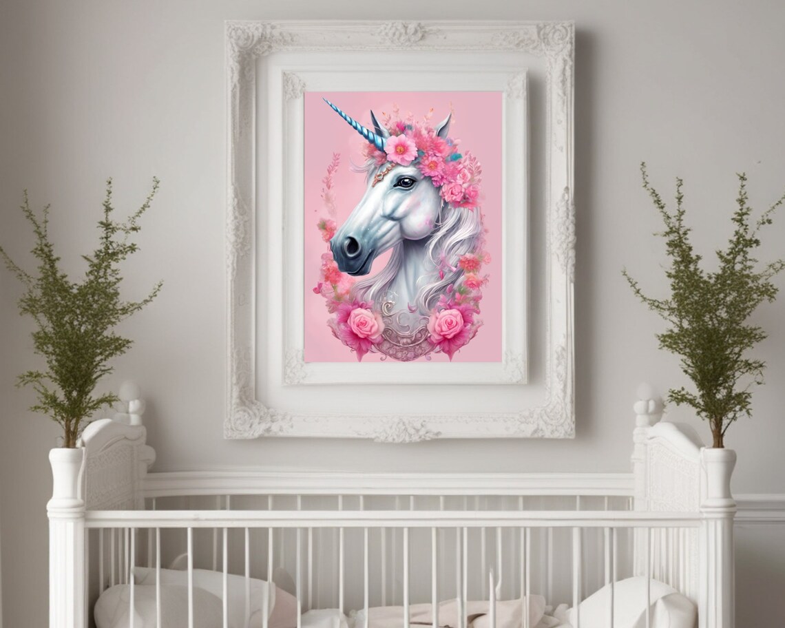 White Unicorn Pink Flower Crown Magical Fantasy Portrait Poster - Image 3