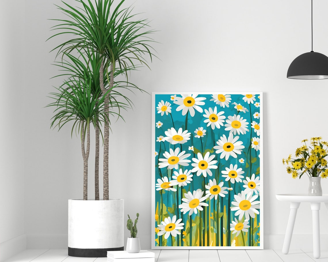 White Daisy Meadow Teal Background Cheerful Floral Pattern Poster - Image 2