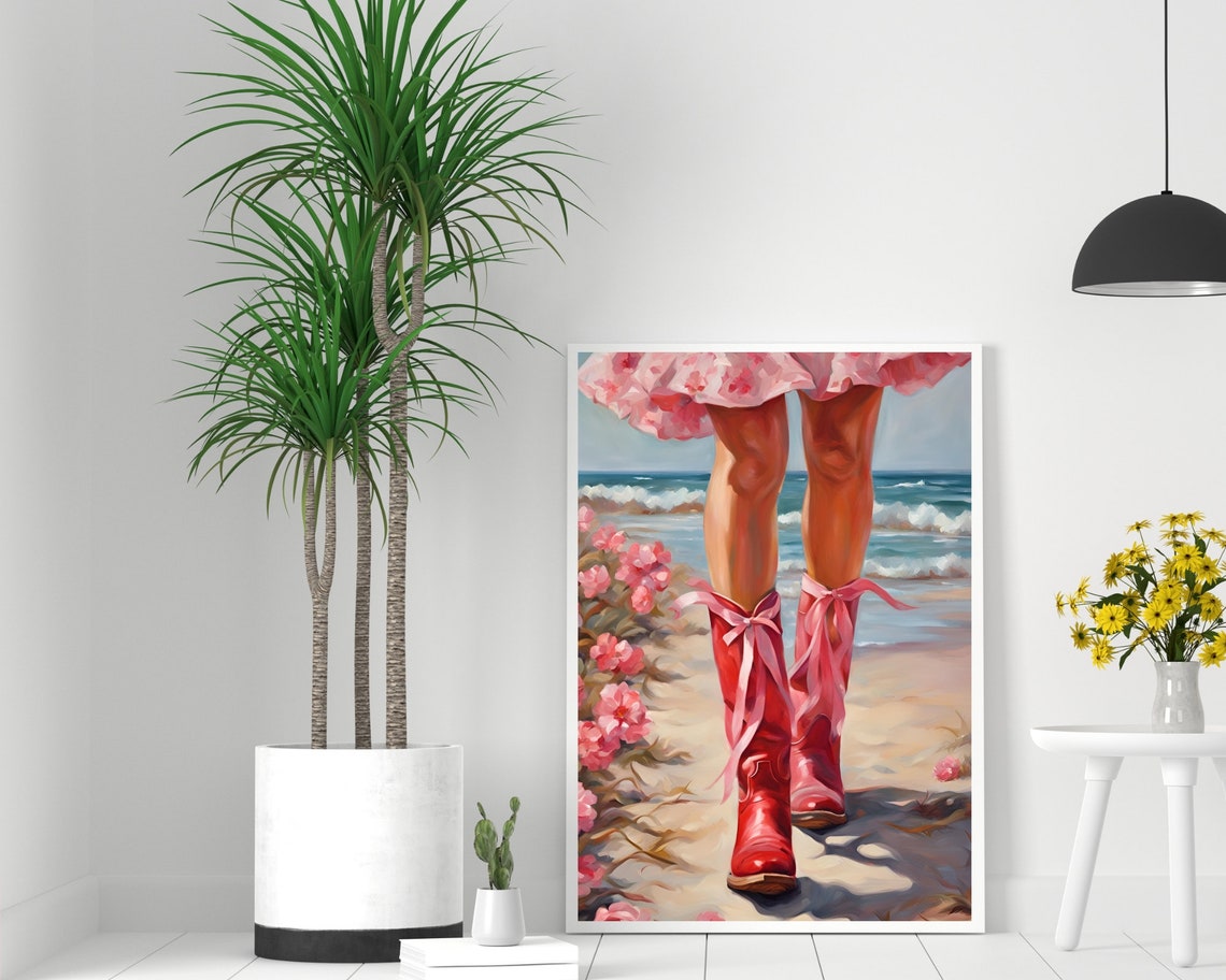 Coastal Cowgirl Boots Preppy Art Print Retro Western Boots Wall Art Trendy Retro Wall Painting Girly Dorm Room Aesthetics Coastal Cowboy Art - Image 2